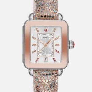 NWT Michele Deco Sport Two-Tone Stainless Steel Iridescent Lizard Strap Watch